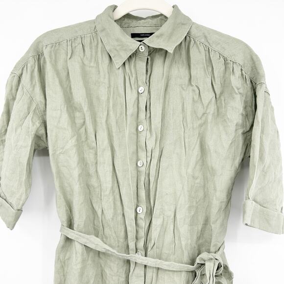 TAHARI Womens 100% Linen Beachy Button Front Belted Shirt Dress Size S Green - Picture 2 of 9
